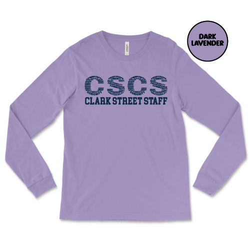 Dark lavender long-sleeve shirt with 'CSCS Clark Street Staff' text on a white background